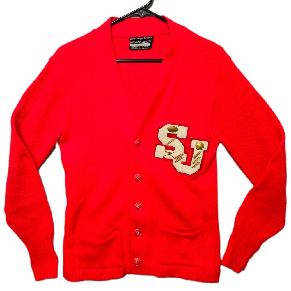 Vintage Miami Knitting Mills Red Varsity Letterman Cardigan SJ Patch Mens Small